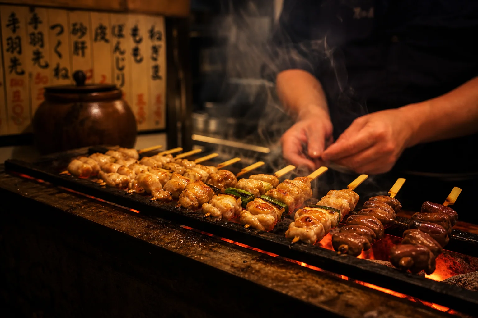 炭火で焼き上げた焼き鳥の盛り合わせ
